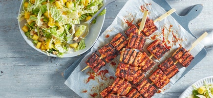 Tandoori tofu kebabs with mango slaw