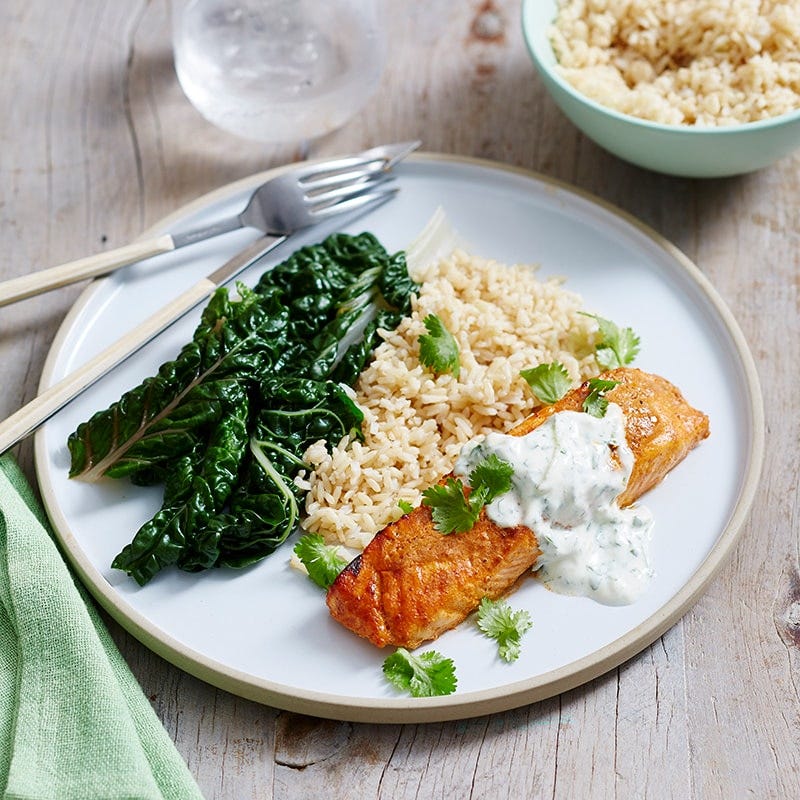 Tandoori salmon with cucumber raita