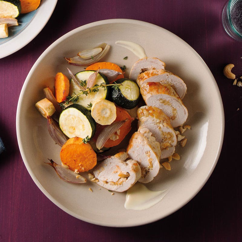 Puteninvoltini mit Ofengemüse und Senfdip