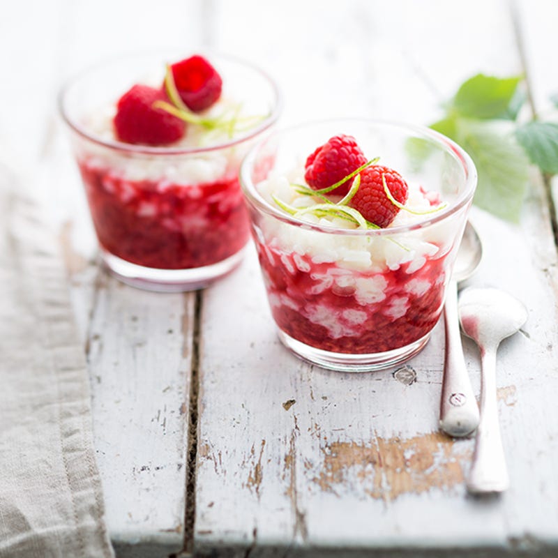 Riz au lait et compotée de framboises acidulée