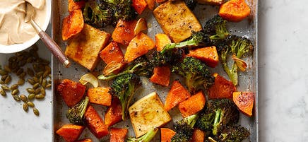 Tofu, broccoli and butternut squash with creamy tahini sauce