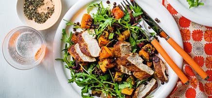 Spiced chicken, lentil & squash salad
