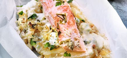 Papillotes saumon, riz poires et roquefort d'Elodie