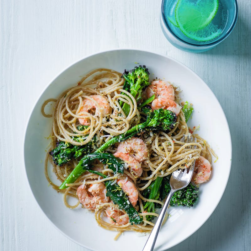 Photo of Spaghetti with purple sprouting broccoli & chilli prawns by WW