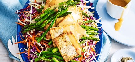 Satay tofu with warm cabbage salad