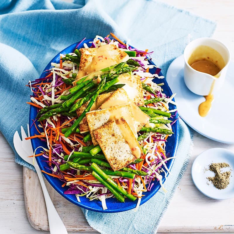Satay tofu with warm cabbage salad
