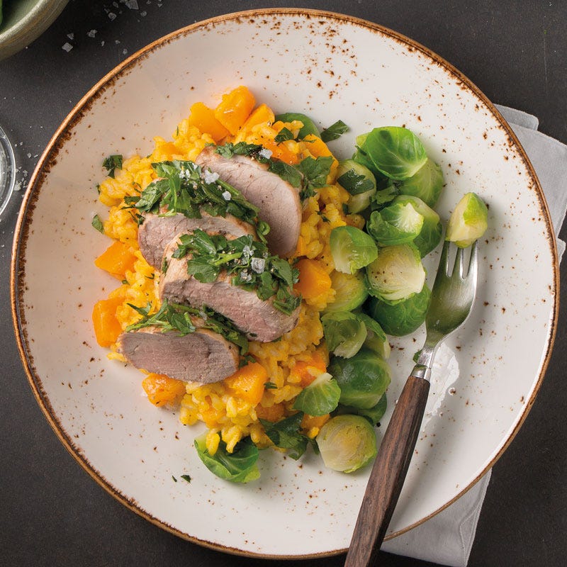 Kürbisrisotto mit Schweinefilet und Rosenkohl