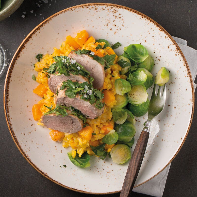 Kürbisrisotto mit Schweinefilet und Rosenkohl