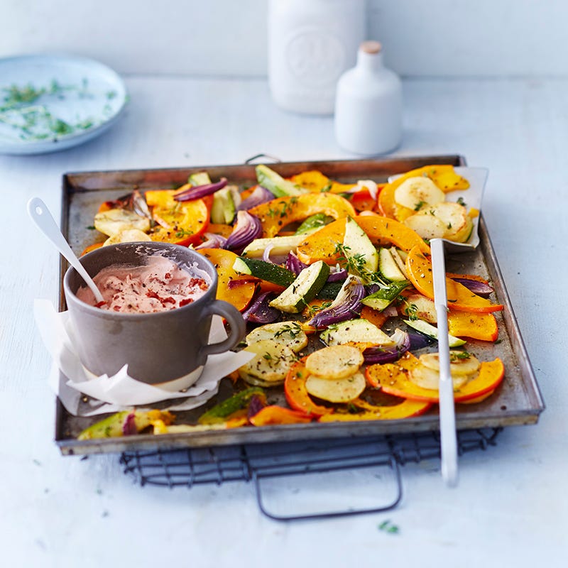 Pompoen & aardappelen uit de oven met tomatendip