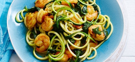 Curried prawns with zoodles and spinach