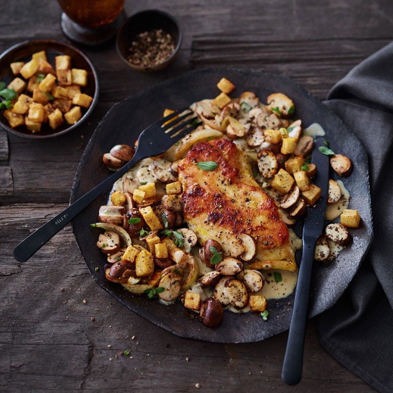 Jägerschnitzel mit Knusperkartoffeln