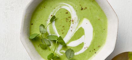 Silky spring pea soup with lemon-herb drizzle