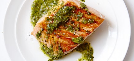 Grilled salmon with caper chimichurri