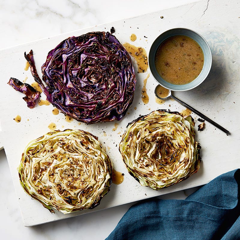 Roasted cabbage steaks with caraway vinaigrette
