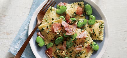 Cheese Ravioli with Fava Beans and Prosciutto