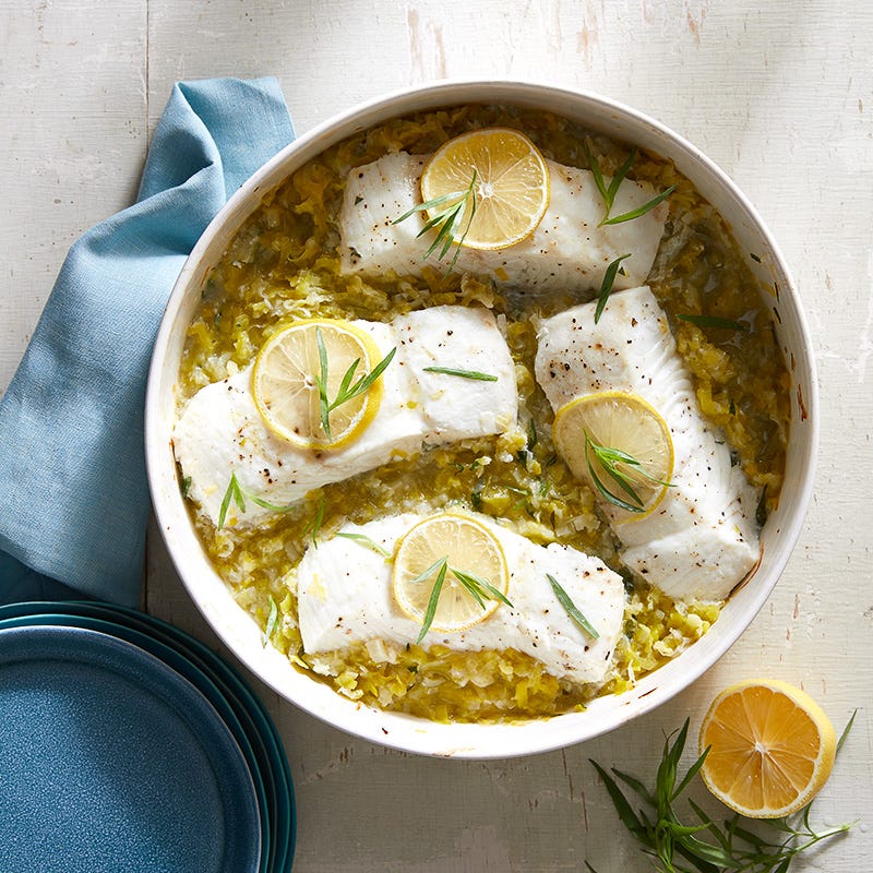 One-skillet tarragon-braised leeks with Alaskan halibut