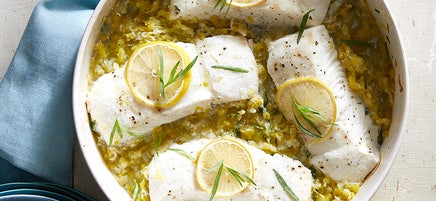 One-skillet tarragon-braised leeks with Alaskan halibut