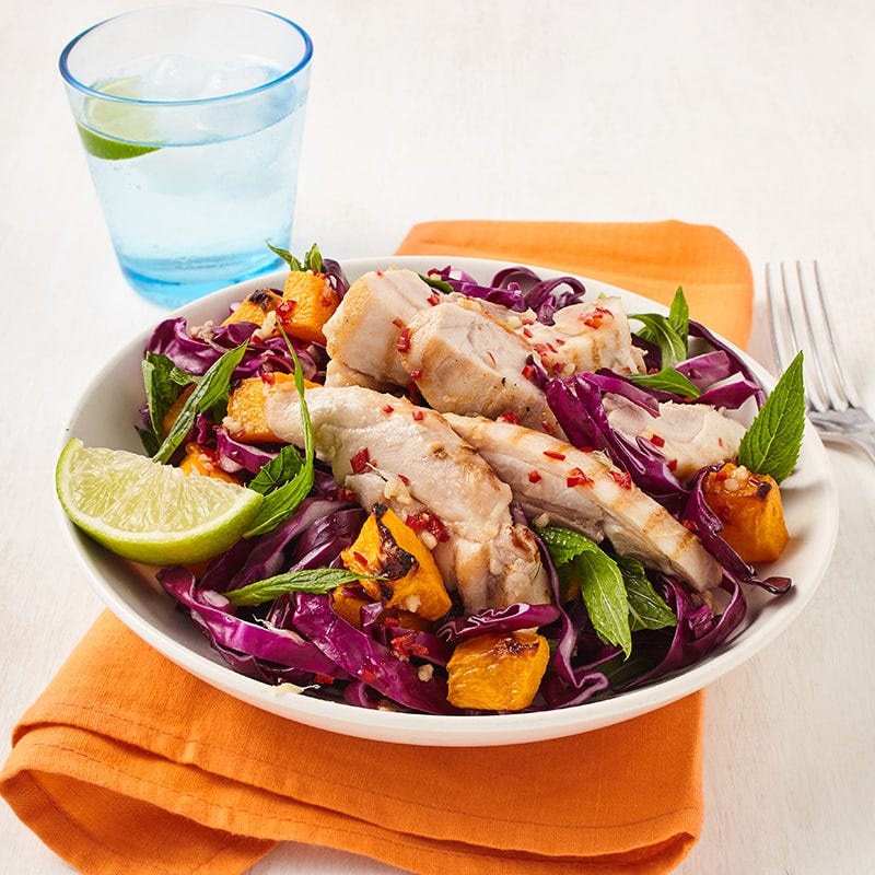 Roasted pumpkin with grilled chicken and mint