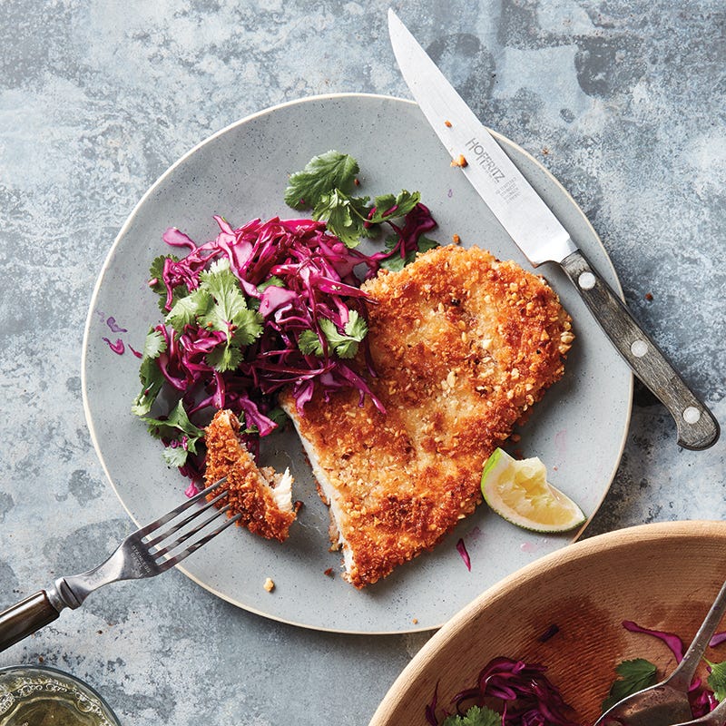 Almond chicken cutlets with tangy cilantro slaw