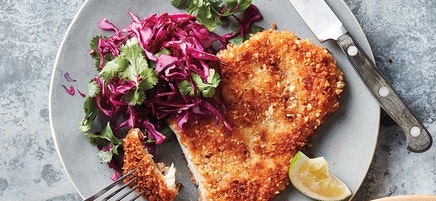 Almond chicken cutlets with tangy cilantro slaw