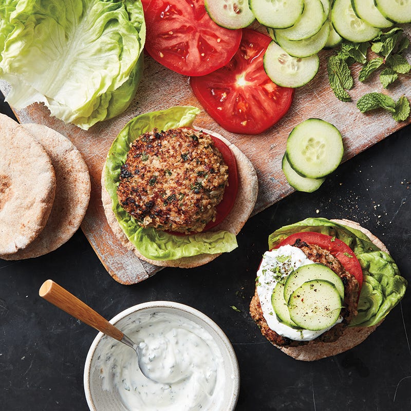 Open-face Greek turkey burgers