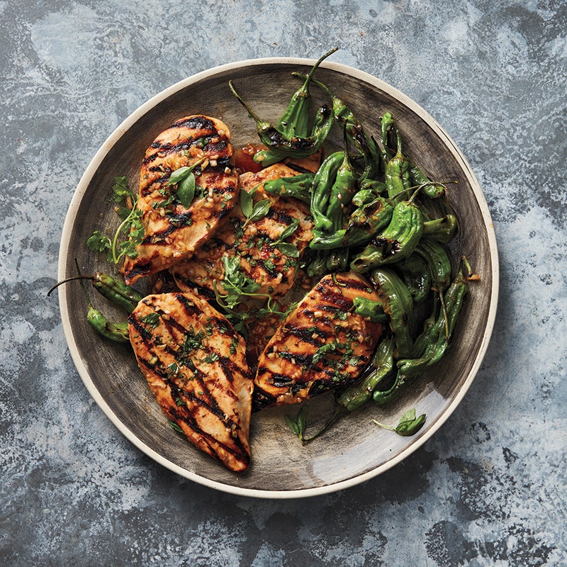 Grilled chicken with shishito peppers