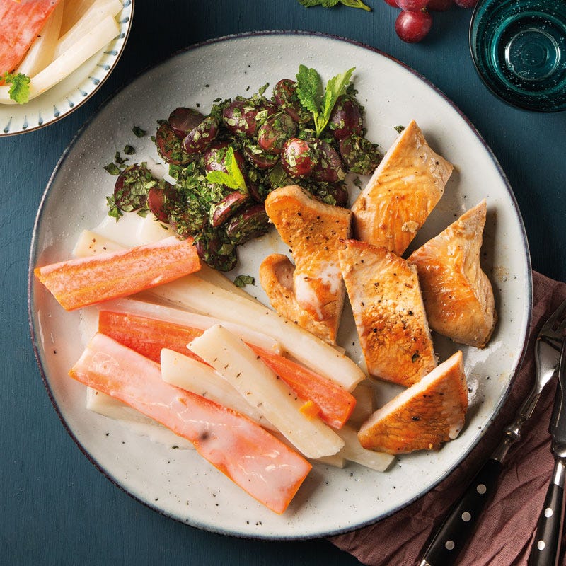 Putensteaks mit rahmigen Winterspargel und Traube