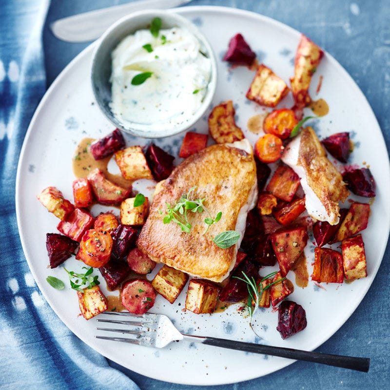 Ofengemüse mit Rotbarsch und Majorandip