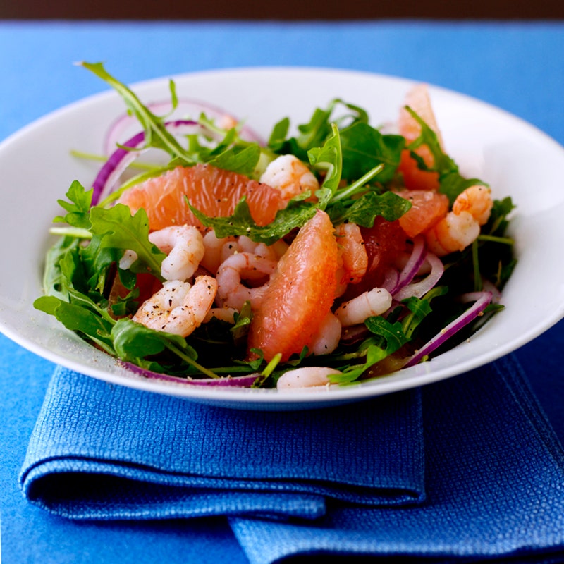 Rucola met gamba's en pompelmoes