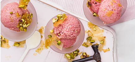 Rhubarb sorbet with pistachio brittle