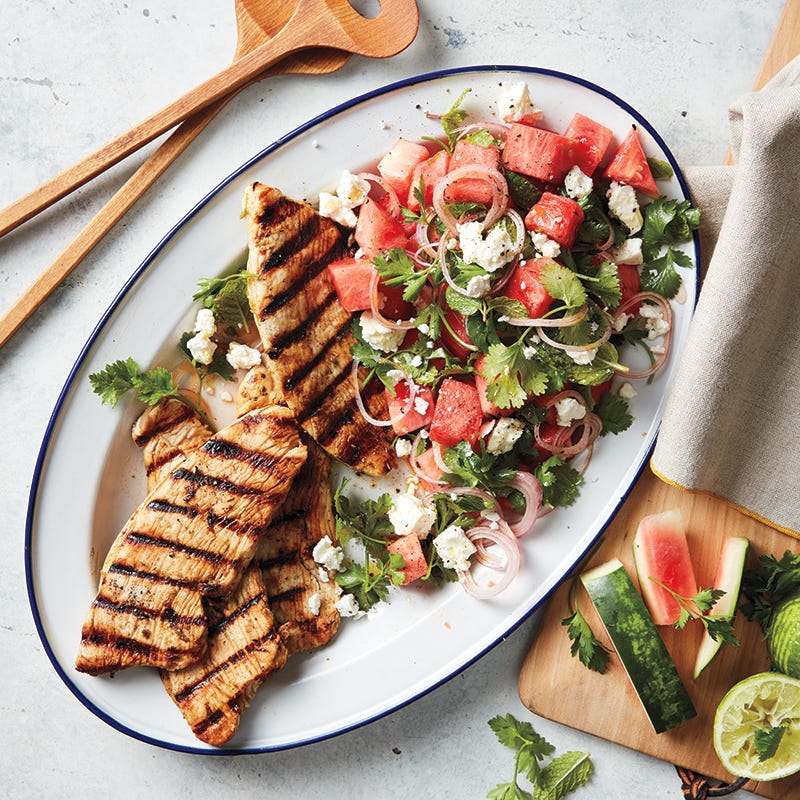 Grilled turkey with watermelon and herb salad