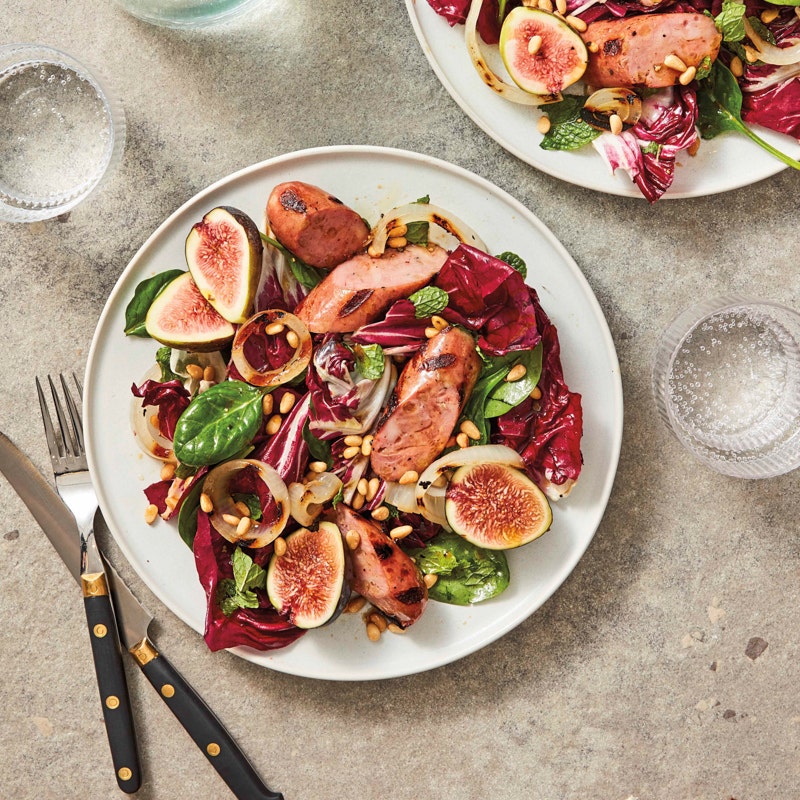Grilled chicken sausage and onion salad with figs