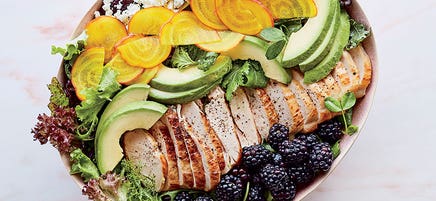 Chicken salad with blackberries, feta, golden beets, and avocado