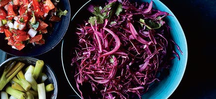 Red cabbage slaw with lime and onions