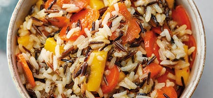 Lauwarmer Wildreissalat mit Mangodressing und karamellisierten Karotten