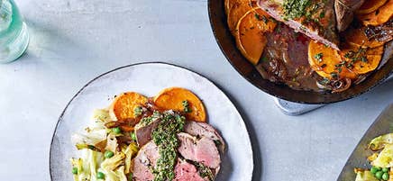 Örtfylld lammstek med sötpotatis och pumpa