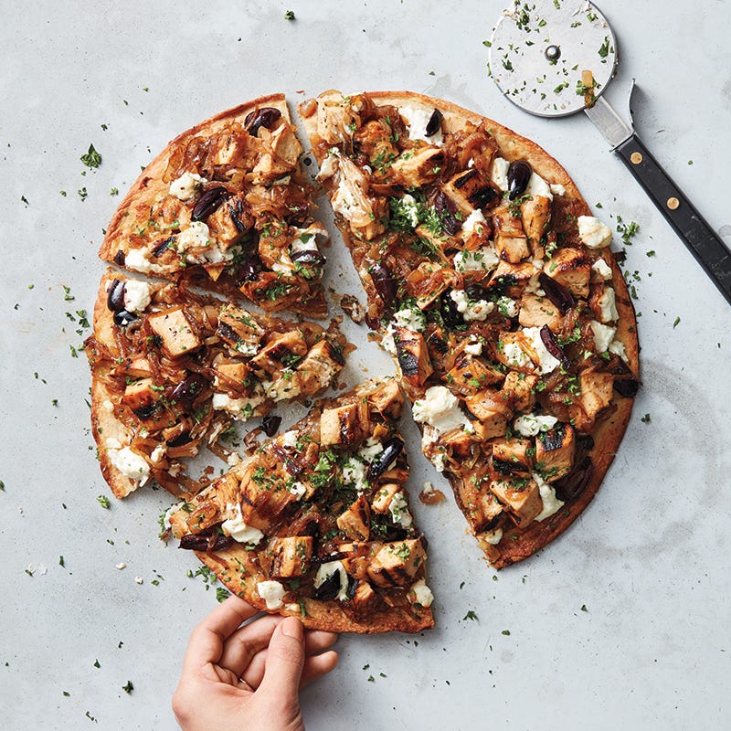Chicken, caramelized onion, and goat cheese pizza