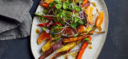 Roasted Korean yams and carrots with clementine-mustard drizzle