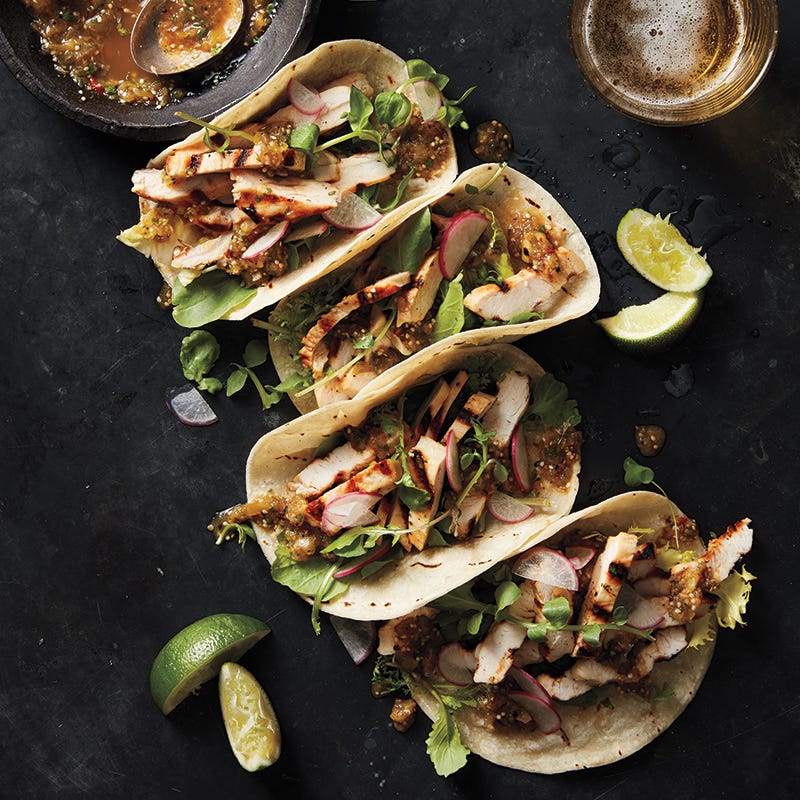 Soft turkey tacos with smoky tomatillo salsa