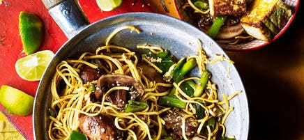 Tofu & mushroom stir-fry with sesame noodles
