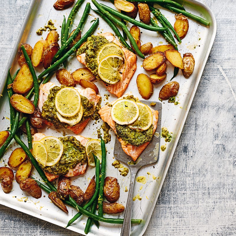 Photo of Basil pesto salmon traybake by WW