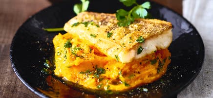 Snoekbaars met pompoen-aardappelpuree