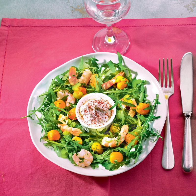 Salade fraîcheur aux crevettes et crème chantilly salée