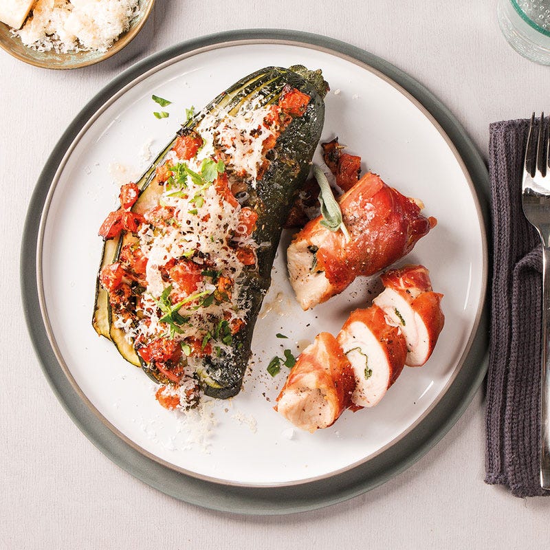 Puten-Saltimbocca mit Zucchinifächer