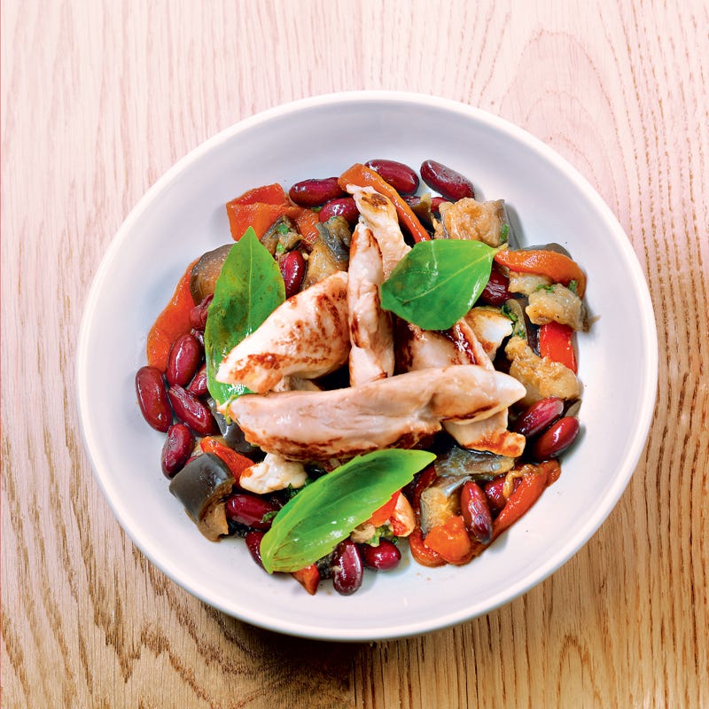 Légumes fondants au basilic et aiguillettes de poulet