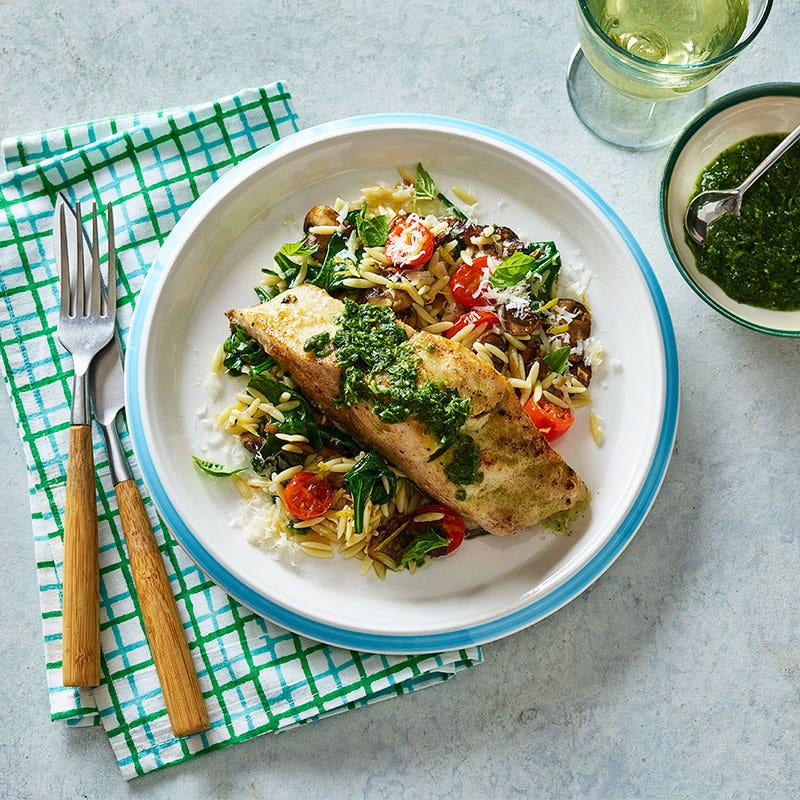 Pan-seared mahi mahi with spinach and mushroom orzo