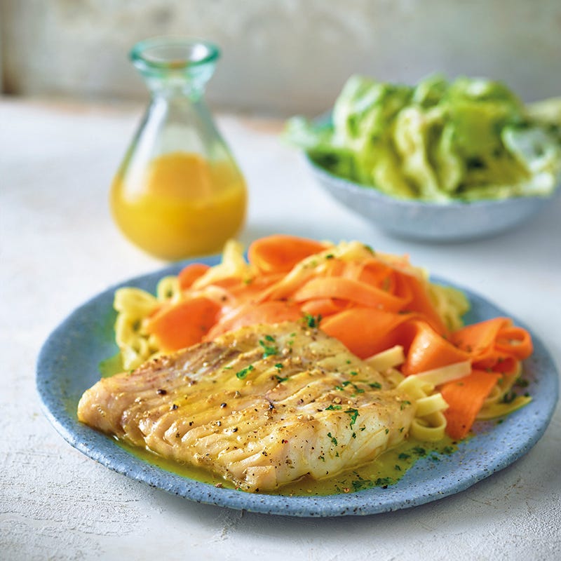 Kabeljauw in sinaasappelsaus met tagliatelle