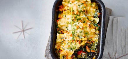 Gegratineerde cannelloni met pompoen en spinazie