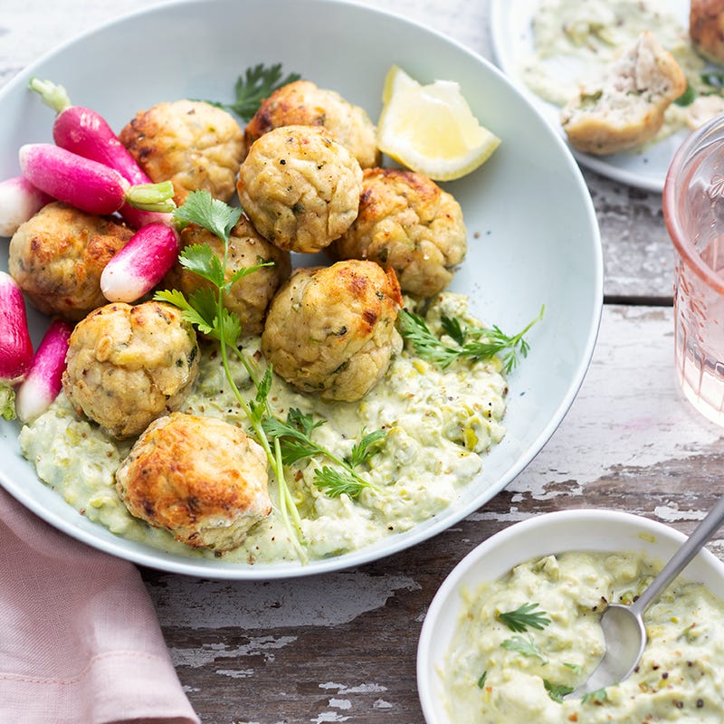 Boulettes de poulet et écrasée de petits pois