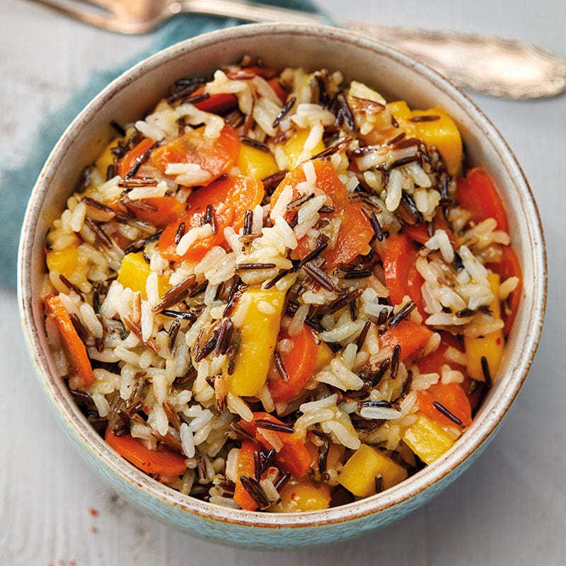 Lauwarmer Wildreissalat mit Mangodressing und karamellisierten Karotten